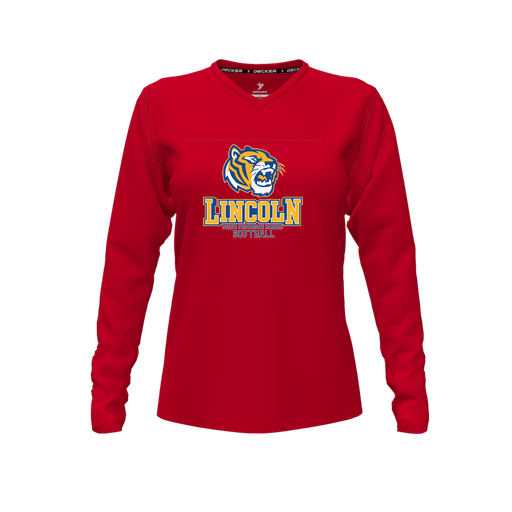 [CUS-DFW-TEES-PER-VNK-LSL-RED-FYXS-LOGO1] Decker Performance T-Shirt (Female Youth XS, Red, V Neck, Logo 1, Long Sleeve)