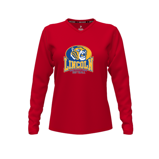 [CUS-DFW-TEES-CMF-VNK-LSL-RED-FYXS-LOGO3] Decker Comfort T-Shirt (Female Youth XS, Red, V Neck, Logo 3, Long Sleeve)