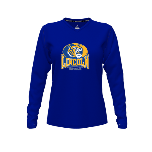 [CUS-DFW-TEES-PER-VNK-LSL-RYL-FYXS-LOGO3] Decker Performance T-Shirt (Female Youth XS, Royal, V Neck, Logo 3, Long Sleeve)