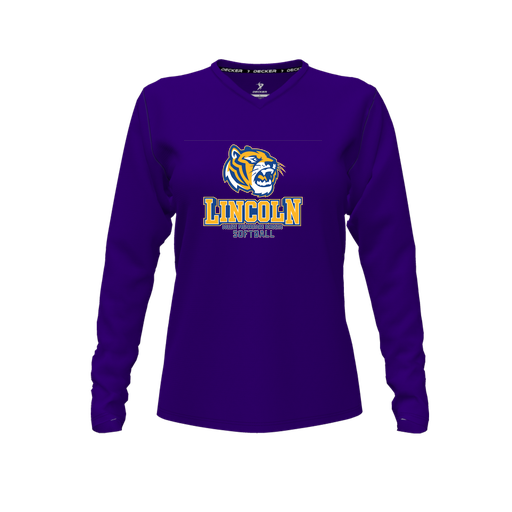 [CUS-DFW-TEES-PER-VNK-LSL-PUR-FYXS-LOGO1] Decker Performance T-Shirt (Female Youth XS, Purple, V Neck, Logo 1, Long Sleeve)